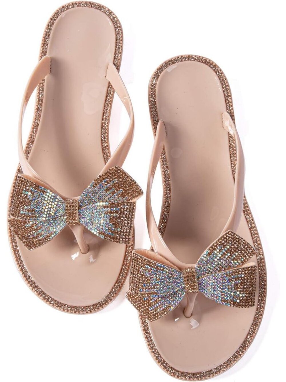 Women's Glitter Nude Summer Flip-Flops Jelly Bow Beach Cute Flat Dressy Sandals